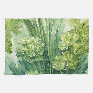 Lush Celery Green Botanical Pattern Tea Towel