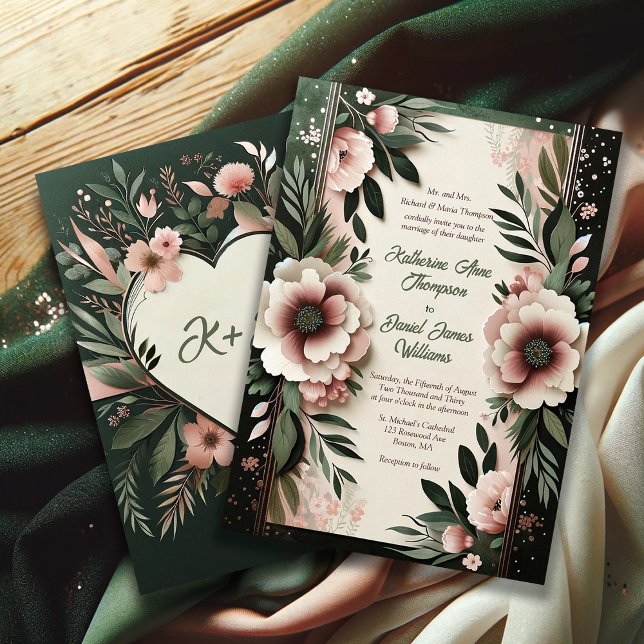 Lush Dark Green and Blush Pink Floral Wedding Invitation (Creator Uploaded)