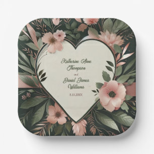 Lush Dark Green and Blush Pink Floral Wedding Paper Plate