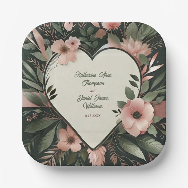 Lush Dark Green and Blush Pink Floral Wedding Paper Plate (Front)