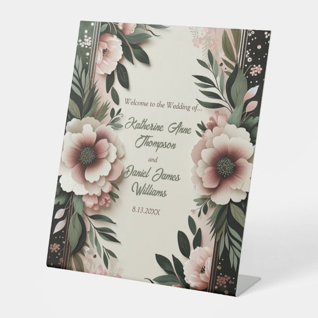 Lush Dark Green and Blush Pink Floral Wedding Pedestal Sign (Front)