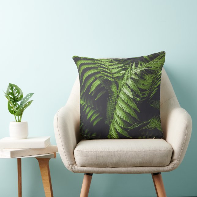 Lush Dark Green Fern Leaves Moody Woodland Cushion (Chair)