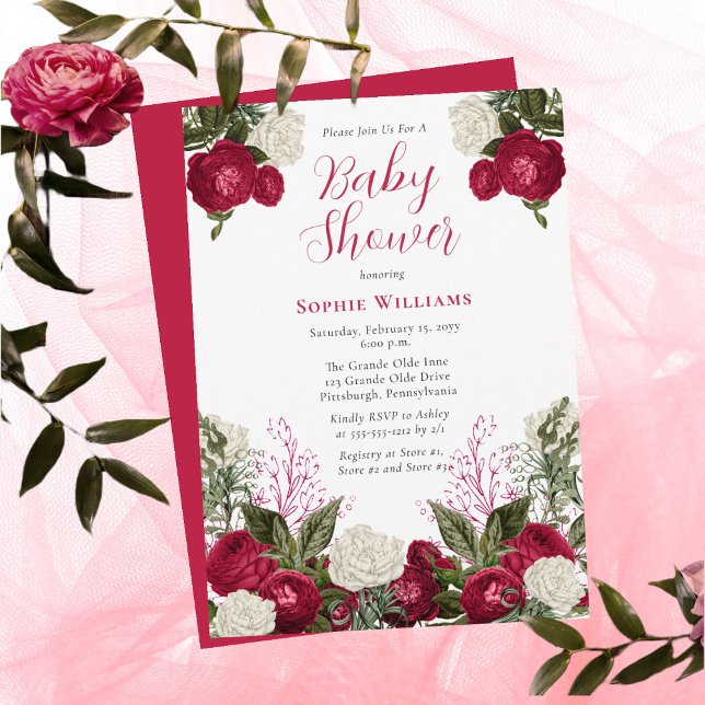 Lush Elegant Magenta Floral Girl Baby Shower Invitation (Creator Uploaded)