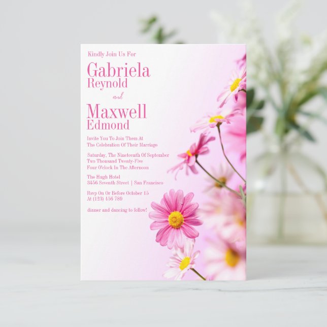 Lush Elegant Nature Pink Daisy Wedding Invitation (Standing Front)
