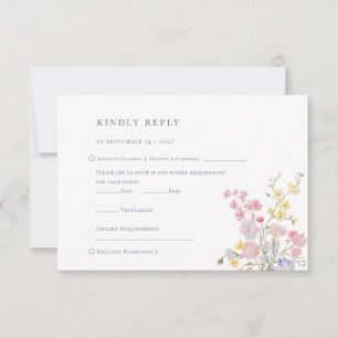 Lush Elegant Wildflowers Dusty Blue Wedding RSVP Card