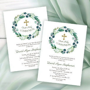 Lush Eucalyptus Foliage Gold Cross Holy Communion Invitation