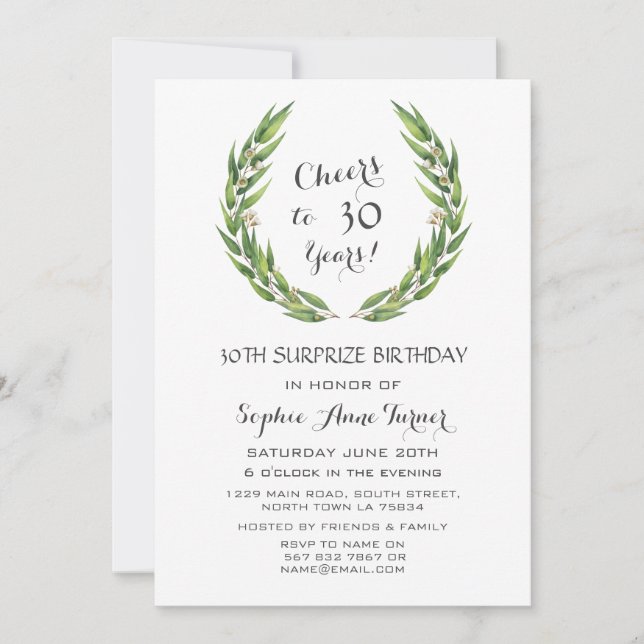 Lush Eucalyptus Foliage Wreath 30th Birthday Invitation (Front)