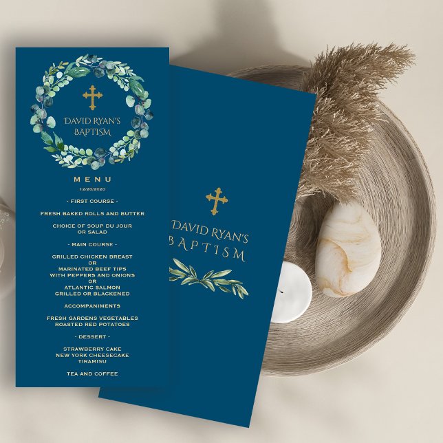 Lush Eucalyptus Greenery Wreath Gold Boy Baptism Menu (baptism menu, boy eucalyptus wreath menu, )