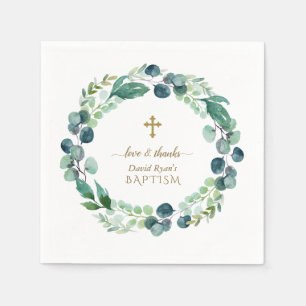 Lush Eucalyptus Greenery Wreath Gold Cross Baptism Napkin