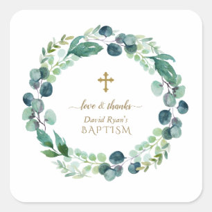 Lush Eucalyptus Greenery Wreath Gold Cross Baptism Square Sticker