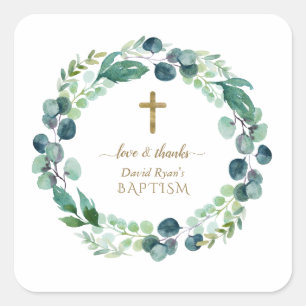 Lush Eucalyptus Greenery Wreath Gold Cross Baptism Square Sticker
