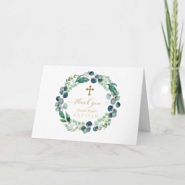 Lush Eucalyptus Wreath Gold Photo Boy Baptism Thank You Card (Front)