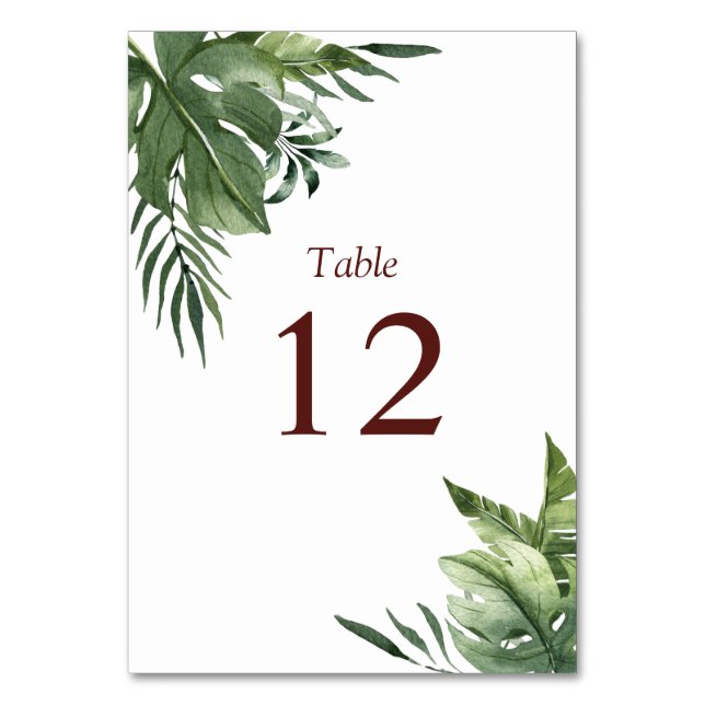 Lush Exotic Tropical Palm Leaves Table Number (Front)