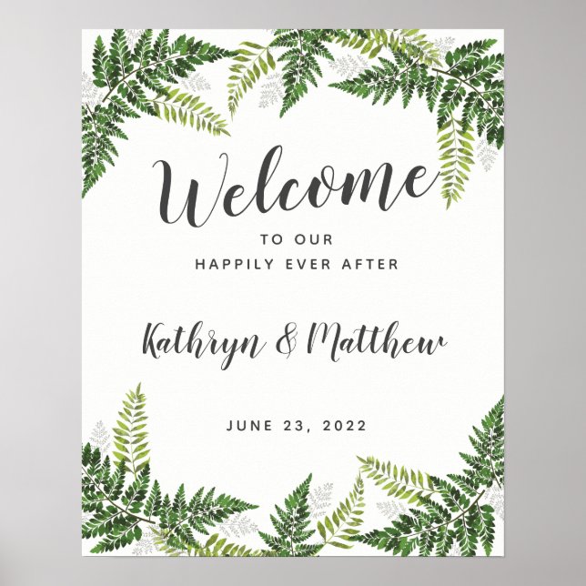 Lush Fern Tropical Botanical Wedding Welcome Sign (Front)