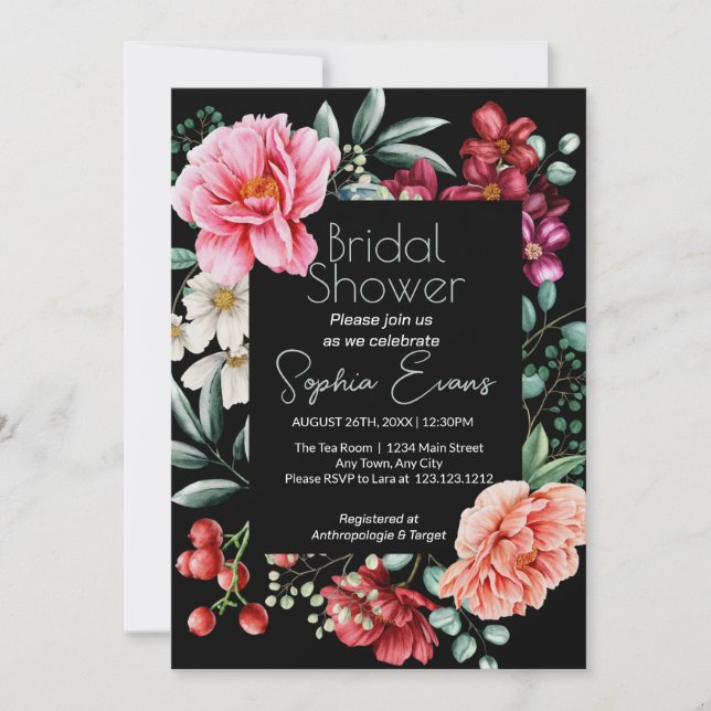 Lush Floral Bordered Modern Black Bridal Shower Invitation (Front)