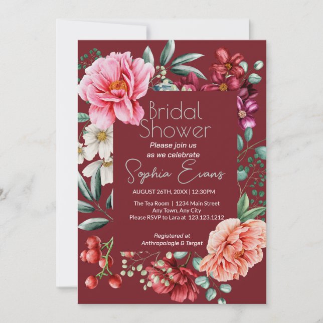 Lush Floral Bordered Modern Burgundy Bridal Shower Invitation (Front)