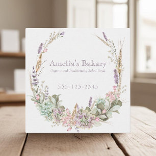 Lush Floral wheat, pink and lavender wreath bakery Square Business Card