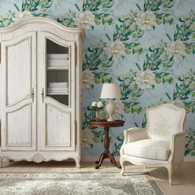Lush Florals And Elegant Blue Marble Pattern Wallpaper (Creator Uploaded)