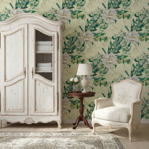 Lush Florals And Elegant Cream Marble Pattern Wallpaper