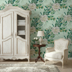 Lush Florals And Elegant Green Marble Pattern Wallpaper