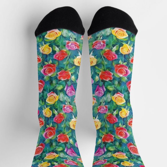 Lush flowers garden watercolor pattern socks (Top)