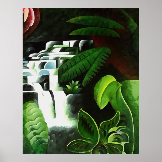 Lush Forest Waterfall In Geometric Art Style v2 Poster (Front)