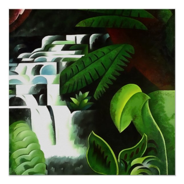 Lush Forest Waterfall In Geometric Art Style v2 Poster (Front)