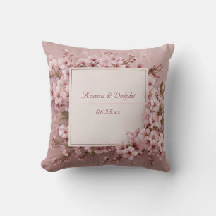Lush Full Frame Pink Cherry Blossom Gold Border Cushion