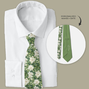 Lush Garden Green and White Gardenia Floral Tie