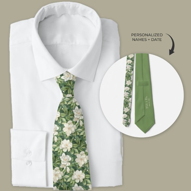Lush Garden Green and White Gardenia Floral  Tie (Lush green and white gardenia floral pattern wedding necktie.)