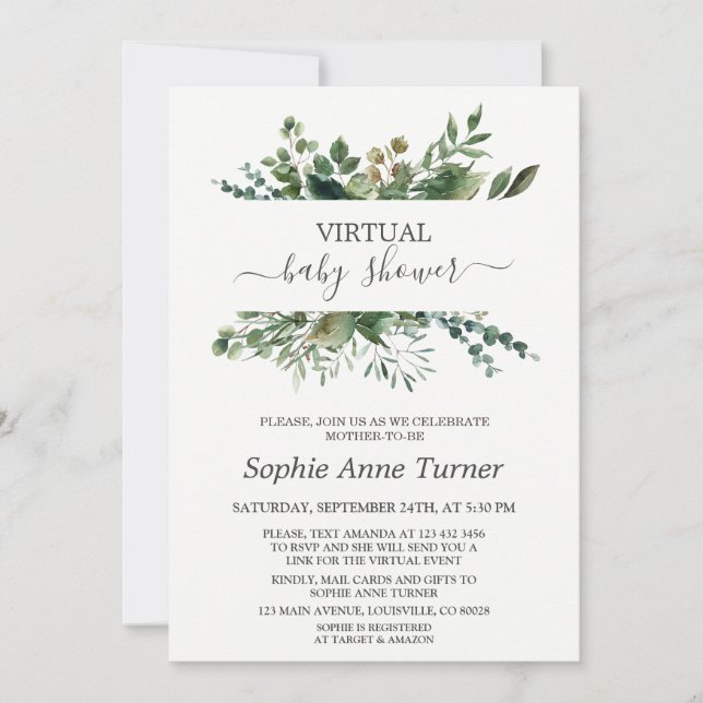 Lush Geometric Greenery Virtual Baby Shower Invitation (Front)