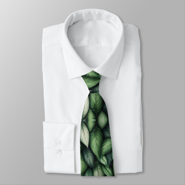 Lush Green Botanical Leaf Pattern Tie (Tied)