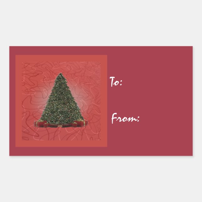 Lush Green Christmas Tree on Abstract Red Back Rectangular Sticker (Front)