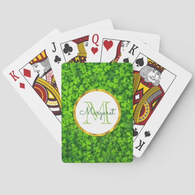 Lush Green Clovers with FAUX Gold Foil & Monogram Playing Cards (Back)