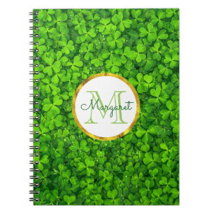 Lush Green Clovers with FAUX Gold Foil & Monogram Spiral Notebook