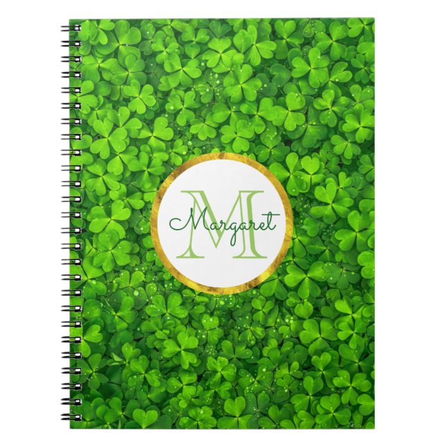 Lush Green Clovers with FAUX Gold Foil & Monogram Spiral Notebook (Front)