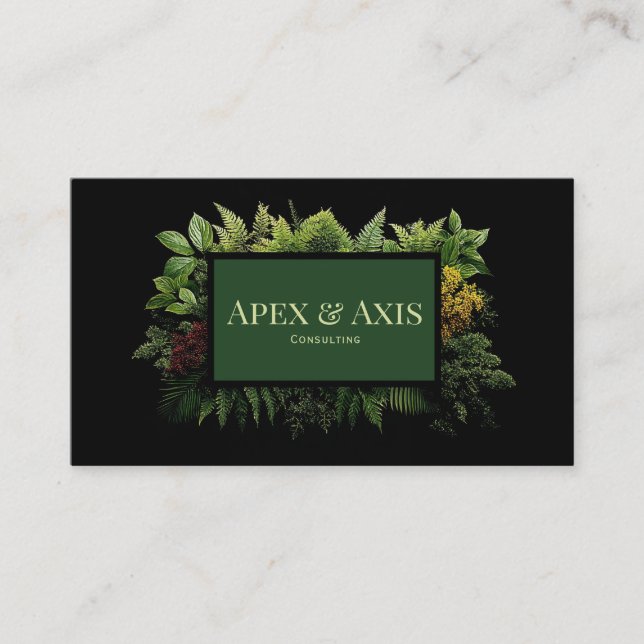 Lush Green Fern Foliage Black Modern Botanical Business Card (Front)
