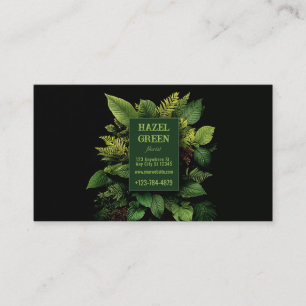 Lush Green Fern Foliage Black Modern Botanical Business Card