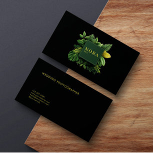 Lush Green Foliage Black Gold Frame Botanical Business Card