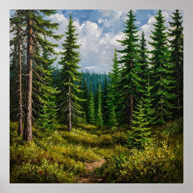 Lush Green Forest with Tall Pine Trees Poster (Front)