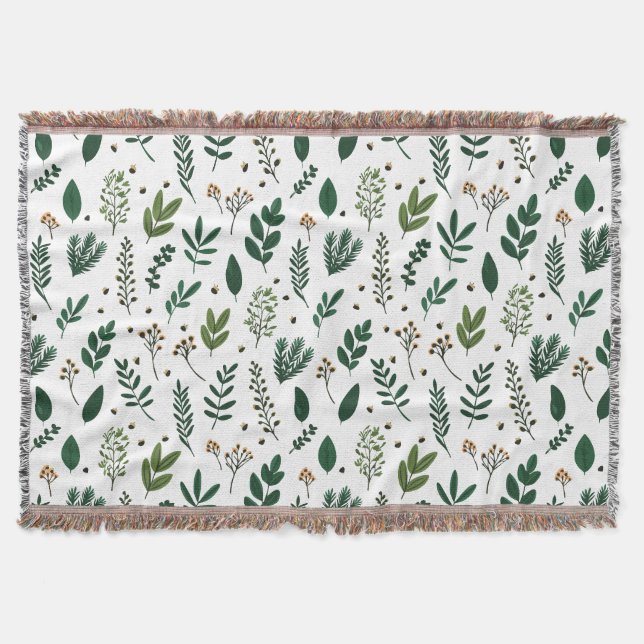 Lush Green Leaves And Flowers on White Throw Blanket (Front)