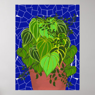 Lush Green Leaves in Terra Cotta on Blue Mosaic Poster