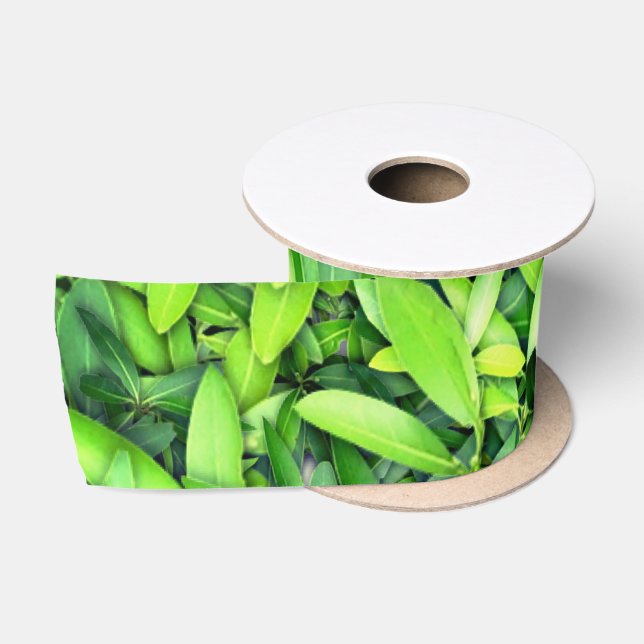 Lush Green Leaves Pattern – Nature Botanical  Satin Ribbon (Spool)