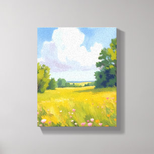 Lush Green Meadow Nature Landscape Painting Canvas Print