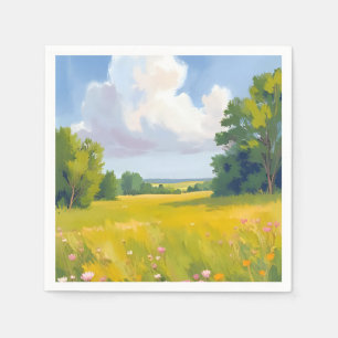 Lush Green Meadow Nature Landscape Painting Napkin