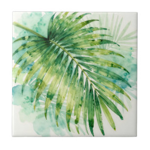 Lush Green Palm Frond Watercolor Tropical Tile