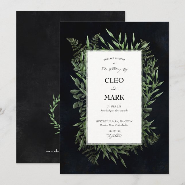 Lush Green Wreath Midnight moody Wedding Invitation (Front/Back)