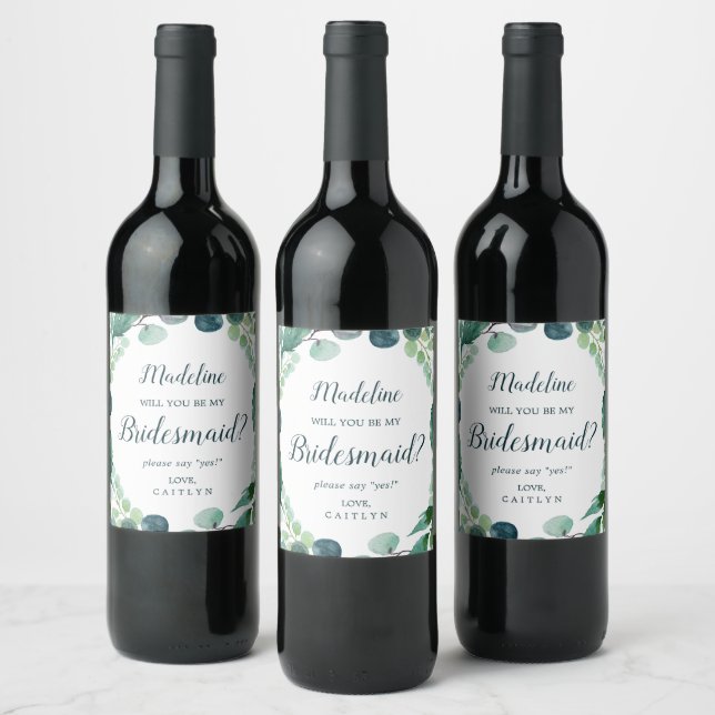Lush Greenery and Eucalyptus Bridesmaid Proposal Wine Label (Bottles)