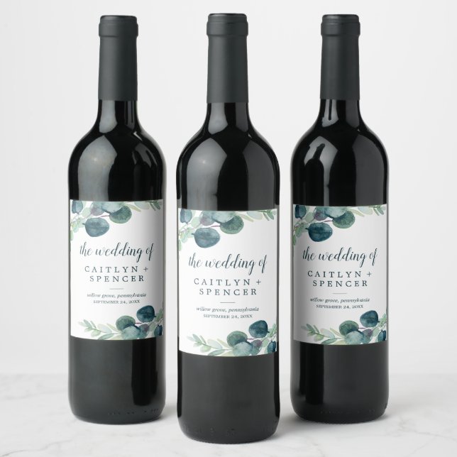 Lush Greenery and Eucalyptus Wedding Wine Label (Bottles)