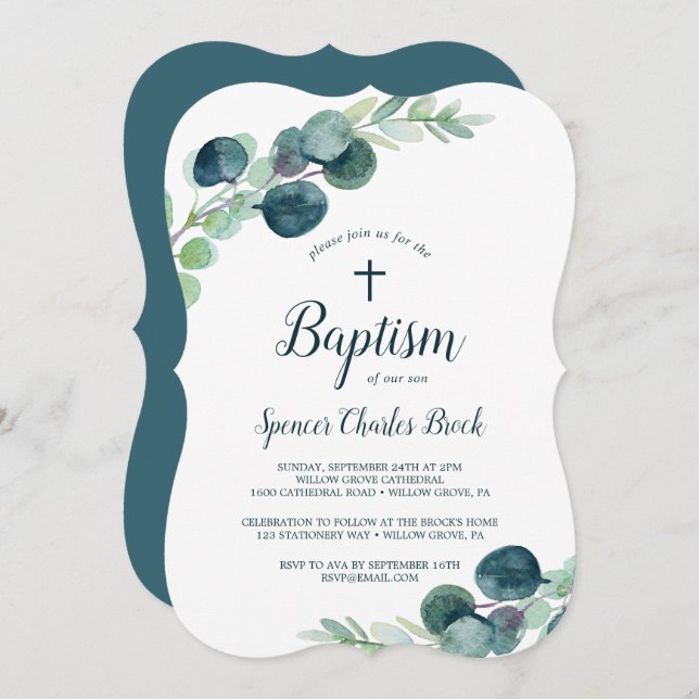 Lush Greenery and Eucalyptus with Cross Baptism Invitation (Front/Back)
